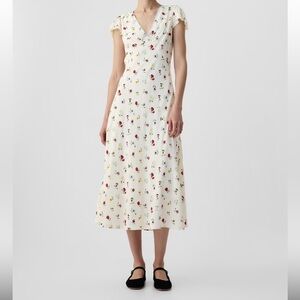 DOEN x gap floral midi dress 6 medium ivory beige v-neck red yellow flowers